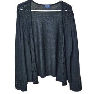 Pendleton Womens Black Knit Cardigan Lace crochet Trim Size Medium Open‎ Front